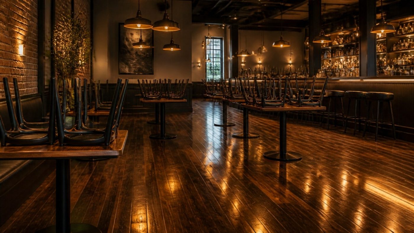 Restaurant dining room after closing, chairs up, floor freshly mopped