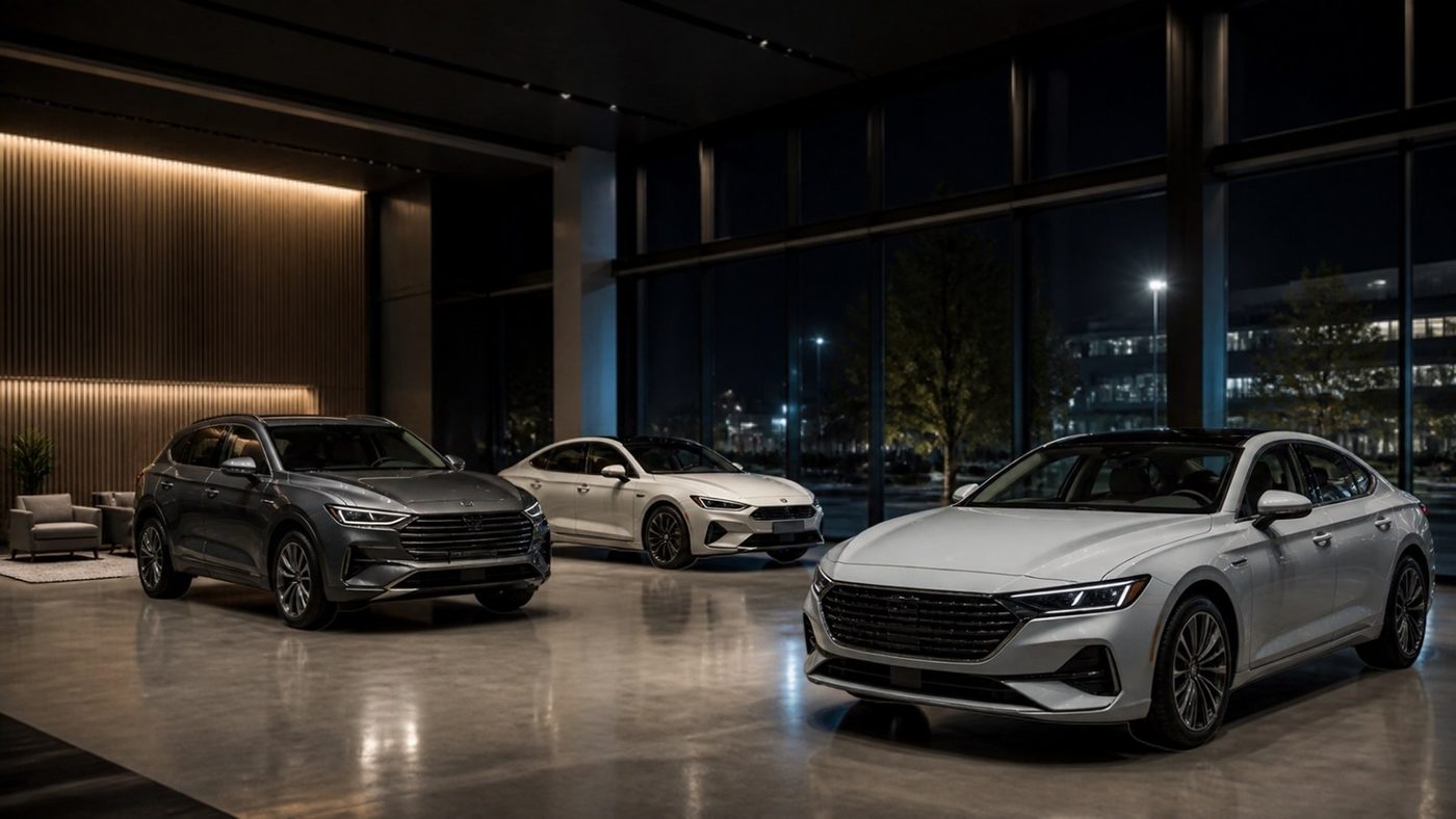 Car dealership showroom at night with cars reflected in a polished floor